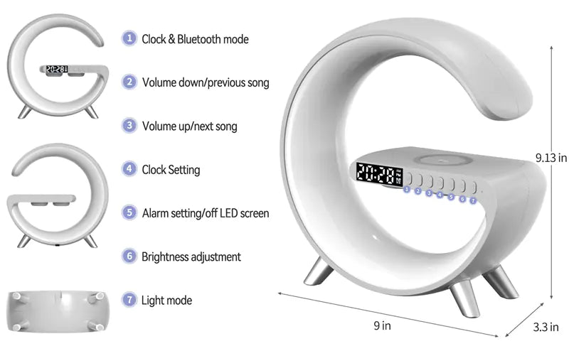 Alarm Clock, Bluetooth Speaker, Wireless Charger, Lamp