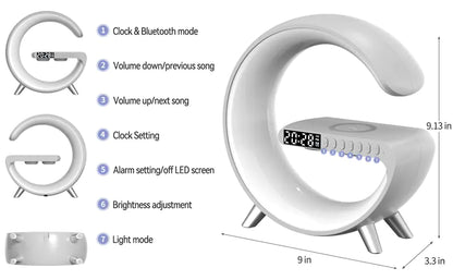 Alarm Clock, Bluetooth Speaker, Wireless Charger, Lamp