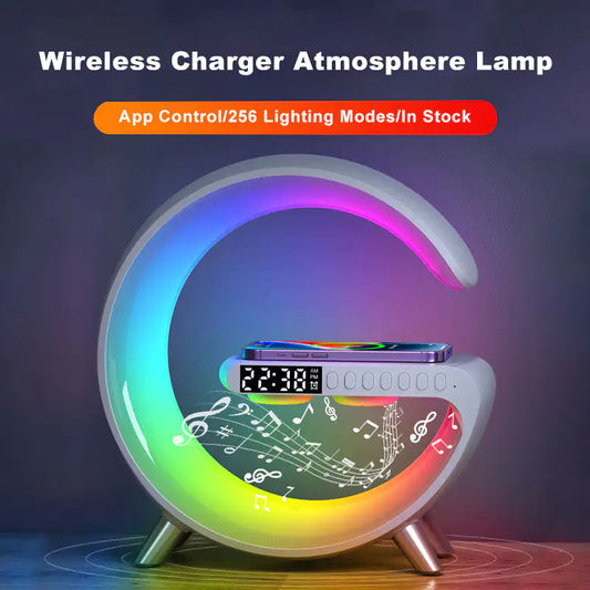 Alarm Clock, Bluetooth Speaker, Wireless Charger, Lamp