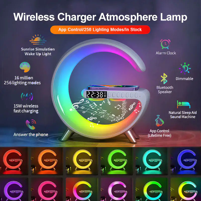 Alarm Clock, Bluetooth Speaker, Wireless Charger, Lamp